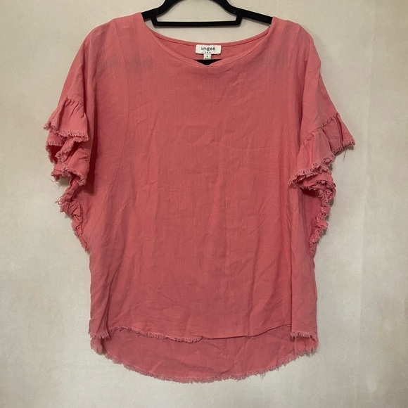 Umgee EUC coral ruffle raw hem relaxed fit linen blend casual blouse size S - Picture 3 of 7